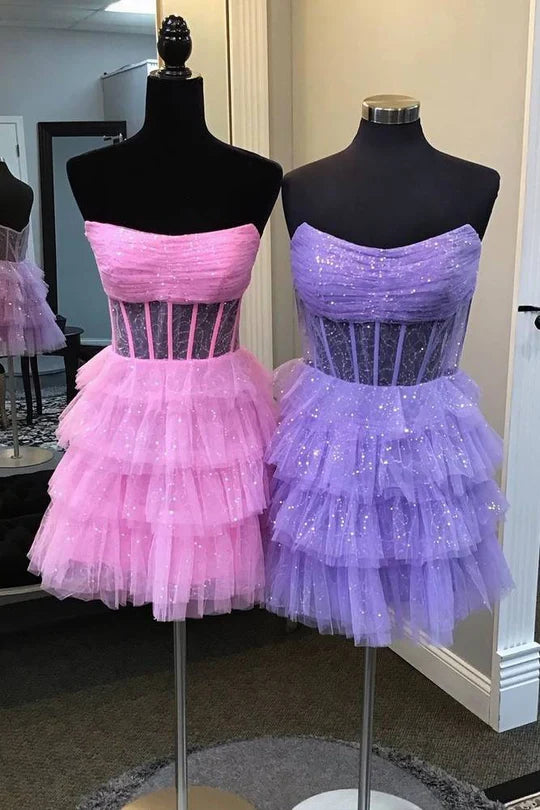 Pink Strapless A-Line Tulle Ruffle Homecoming Dress, AST1181