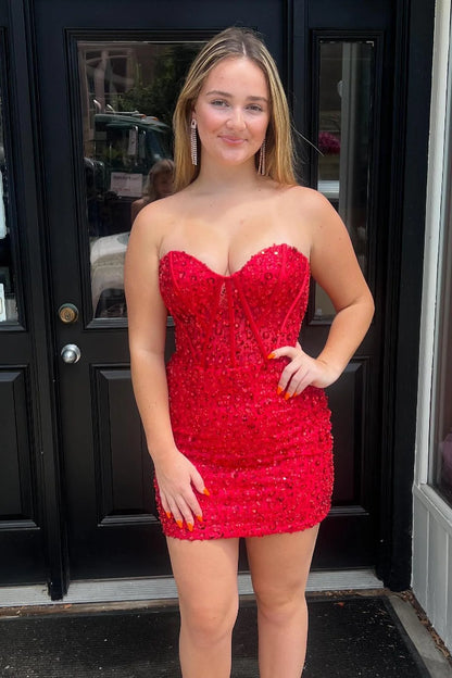 Sweetheart Red Sequin Tight Mini Party Dress Homecoming Dress , AST1125