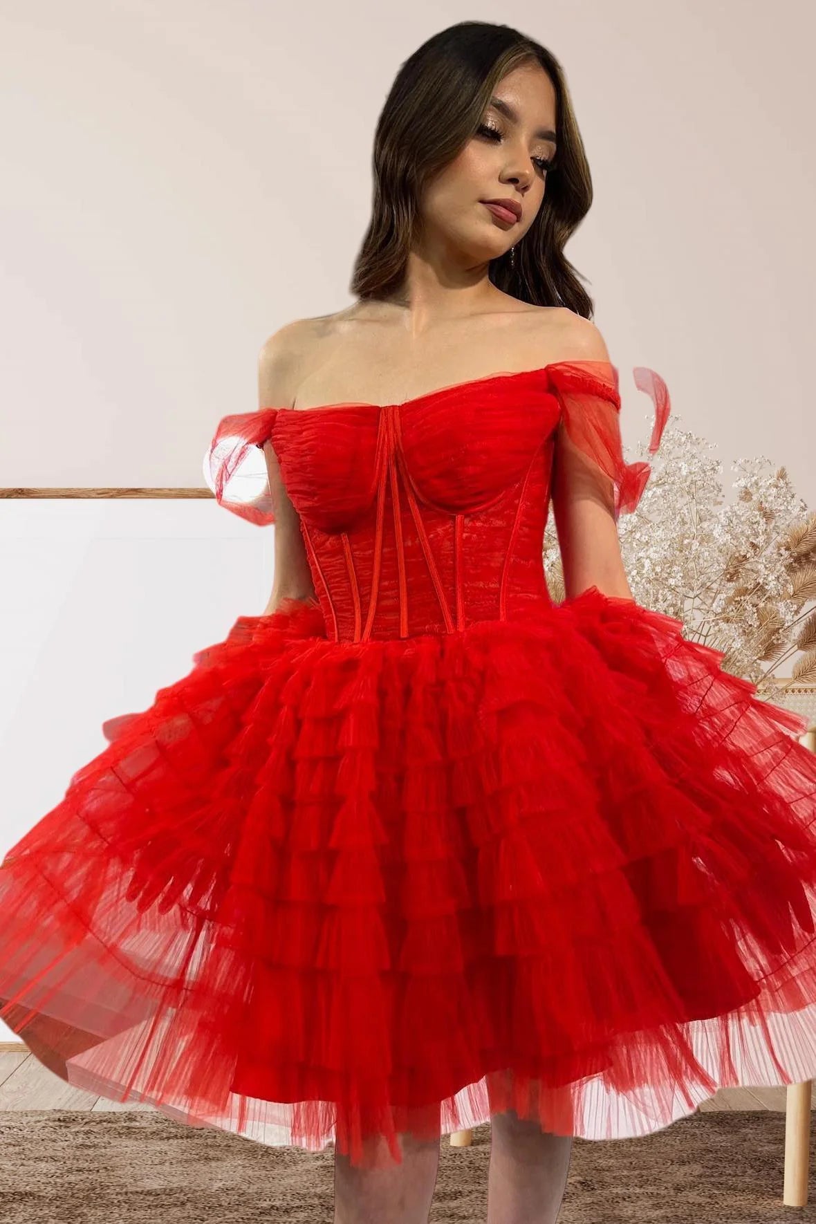 Off the Shoulder Red Corset A-line Ruffle Short Party Dress Homecoming Dress , AST1115