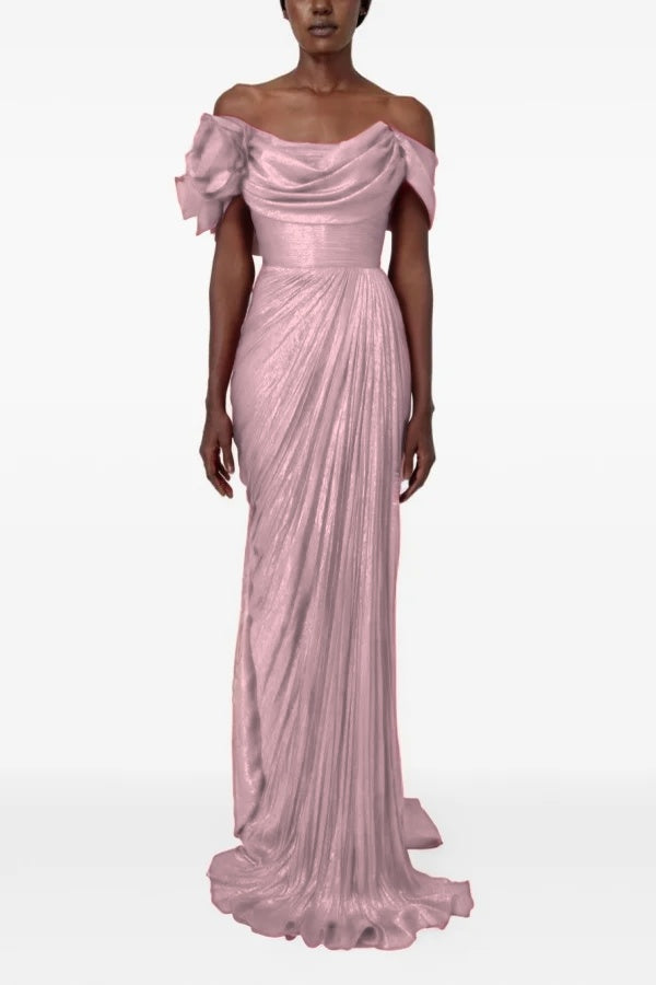 Sophisticatedff-the-Shoulder Prom Dress Sleeveless Pleated with Flower