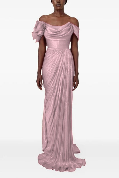 Sophisticatedff-the-Shoulder Prom Dress Sleeveless Pleated with Flower