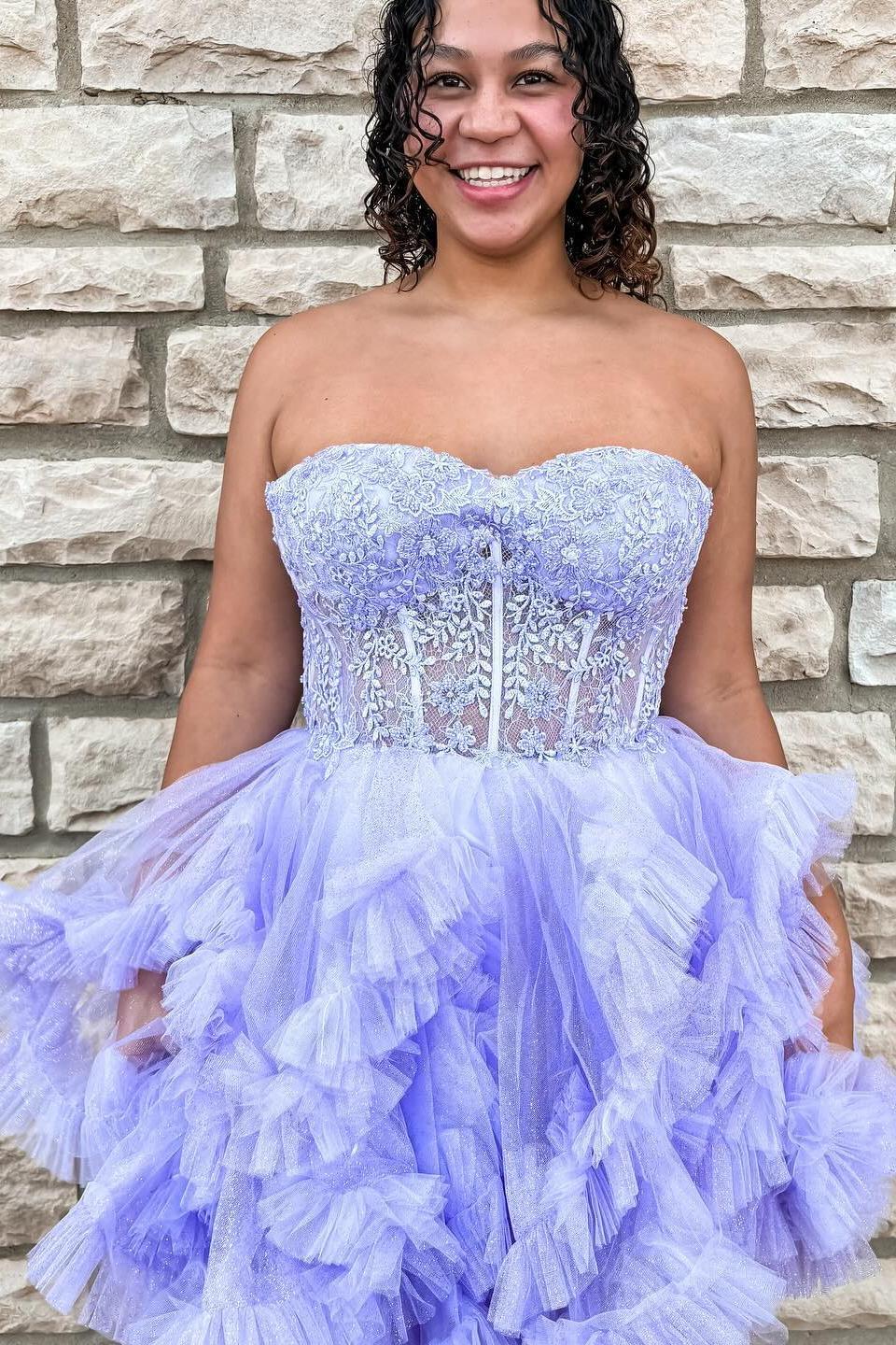 Lavender Sweetheart Lace Homecoming Dress and Ruffle A-line Short Princess Dress, AST1104