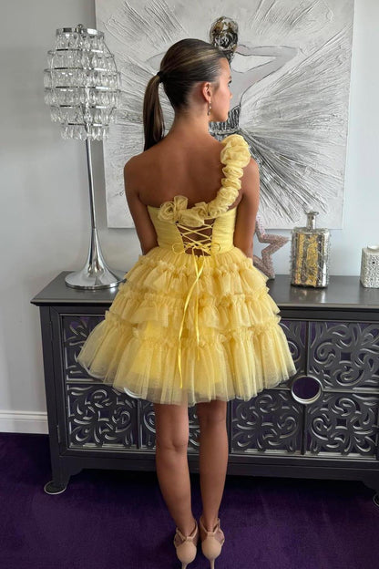 One Shoulder Homecoming Dress Yellow Knotted A-line Tiered Ruffle Short Dress, AST1103