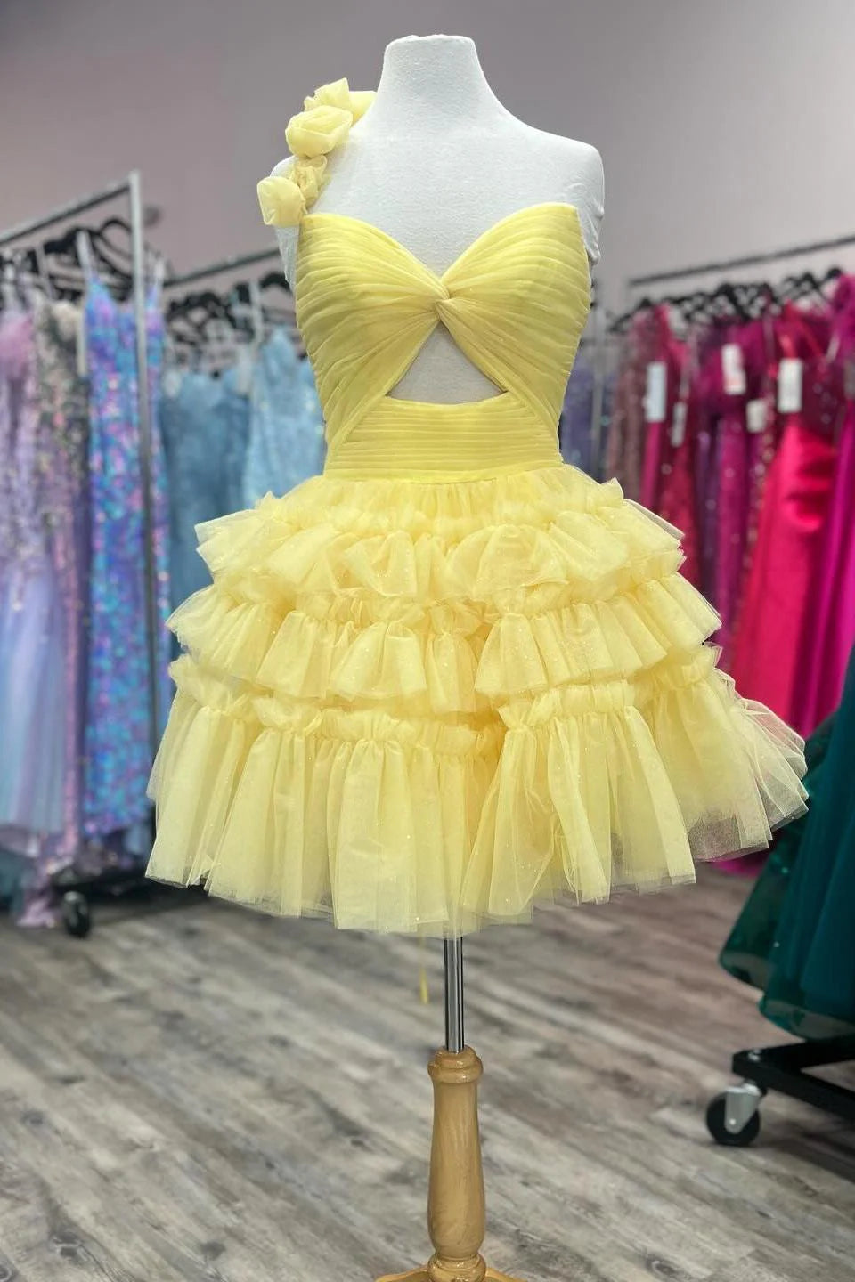 One Shoulder Homecoming Dress Yellow Knotted A-line Tiered Ruffle Short Dress, AST1103