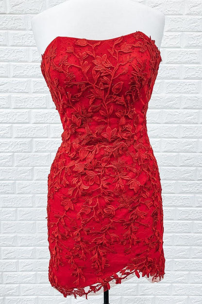 Strapless Red Lace Homecoming Dress Tight Mini Dress, AST1094