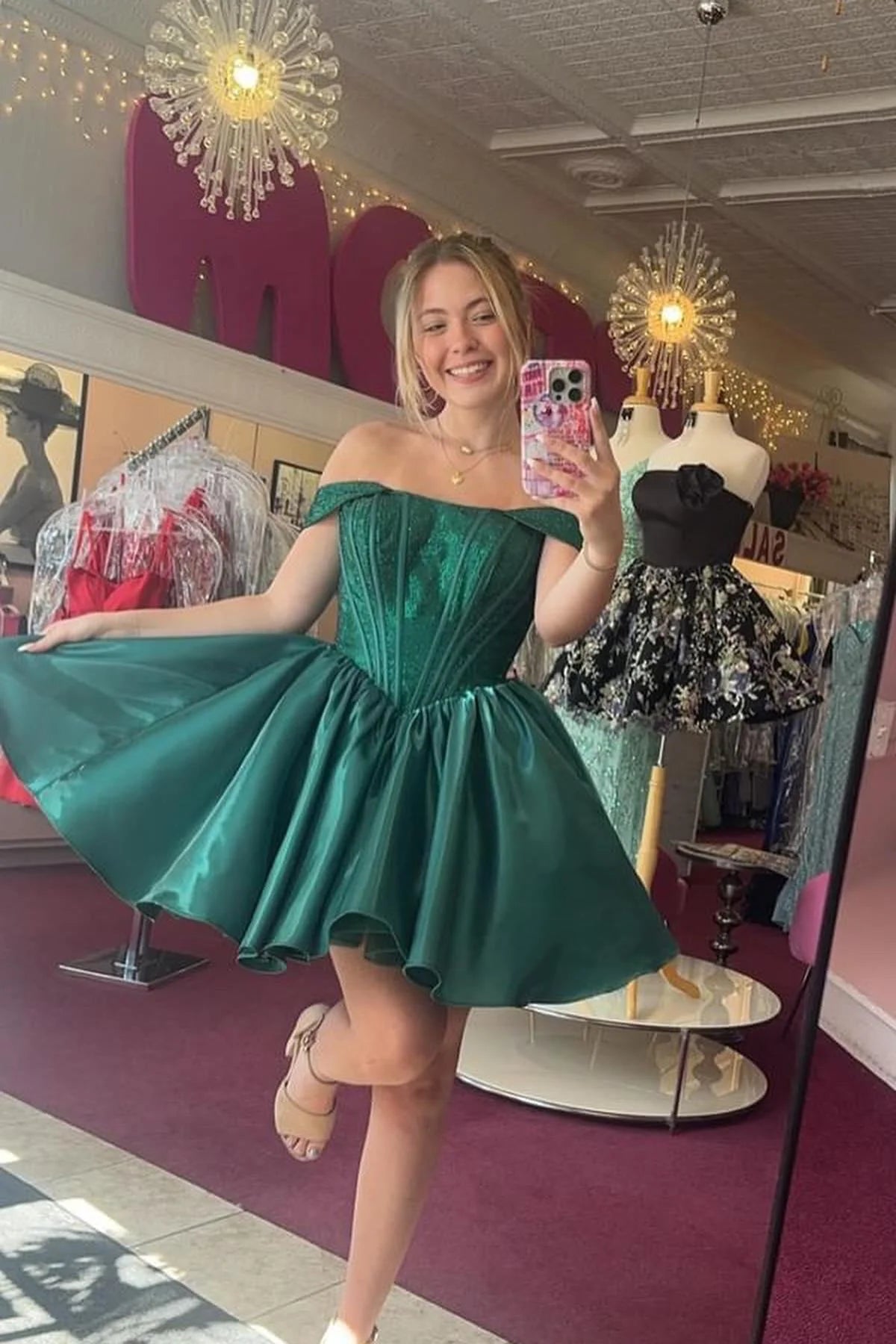 Off the Shoulder Homecoming Dress Green A-line Short Princess Dress, AST1086