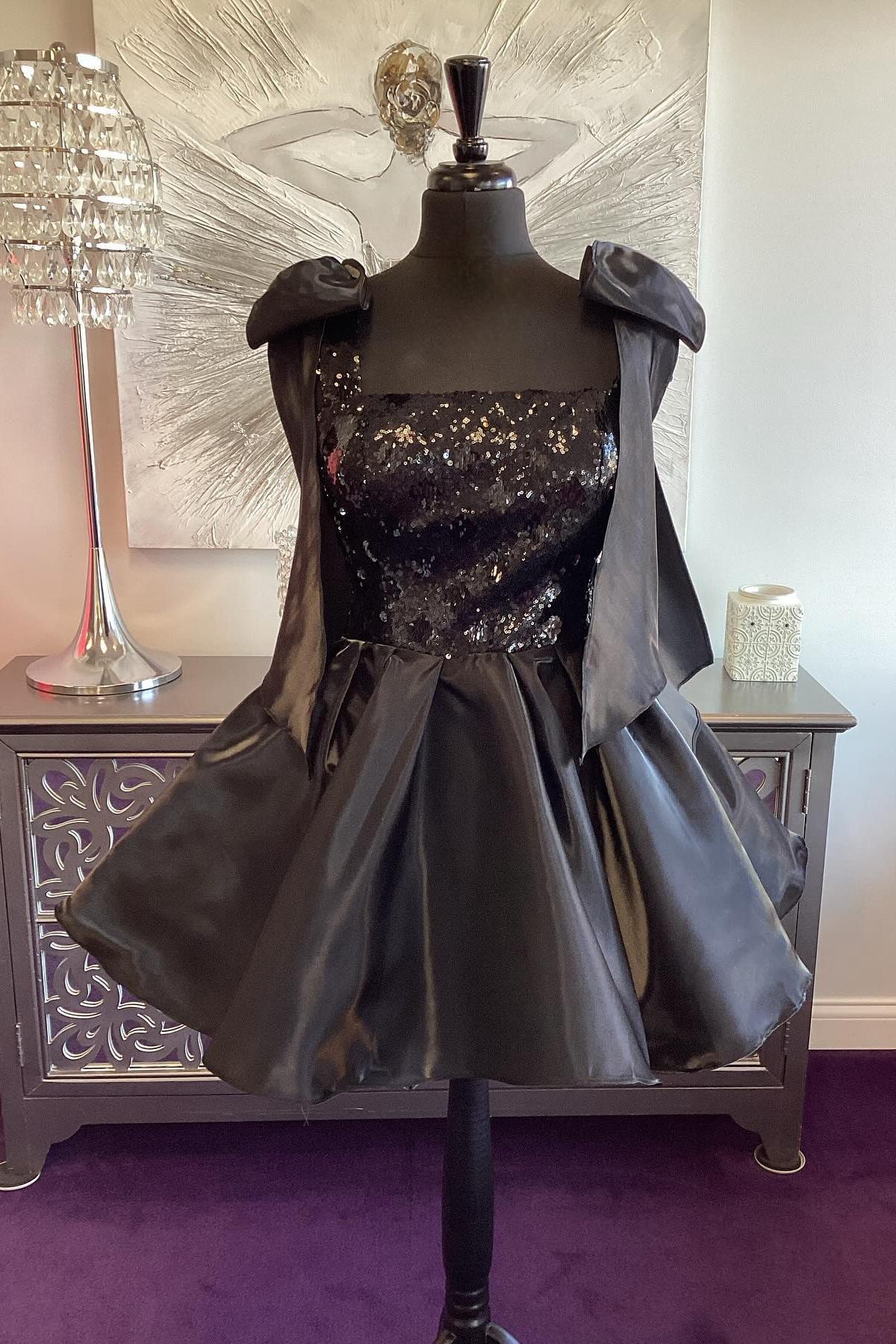 Bow Straps Black Homecoming Dress Sequin and Satin A-line Short Party Dress, AST1085