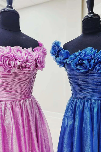 Blue Off the Shoulder A-Line Prom Dress with 3D Floral,AST1238