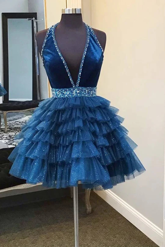 Blue Halter Multi-Layered Tulle Homecoming Dress, AST1153