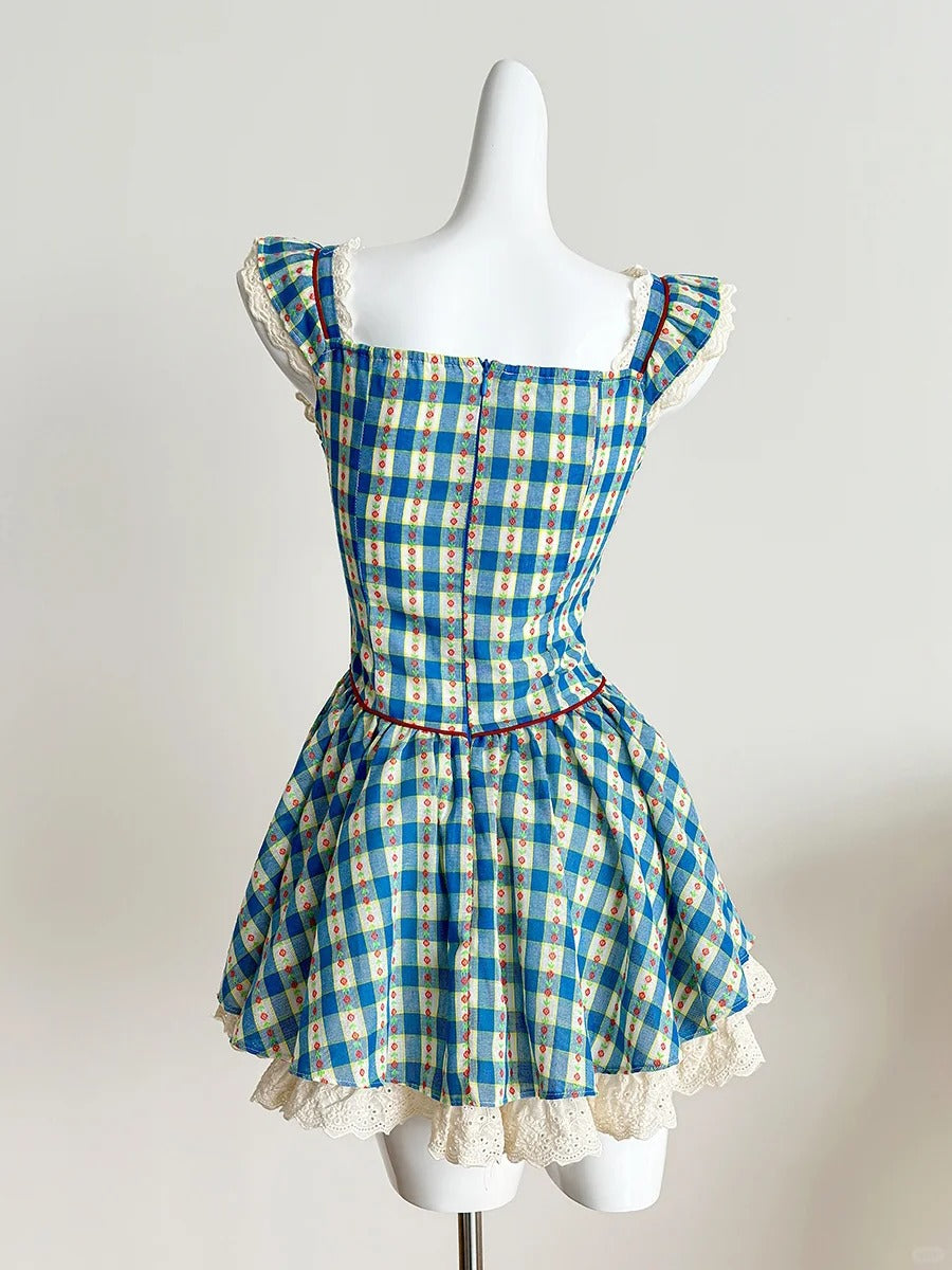 Sweet Blue and Yellow Plaid Waist Square Neck Short A-line 15th Birthday Homecoming Dress