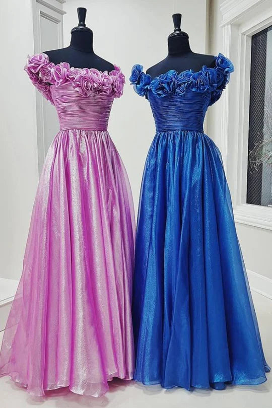 Blue Off the Shoulder A-Line Prom Dress with 3D Floral,AST1238