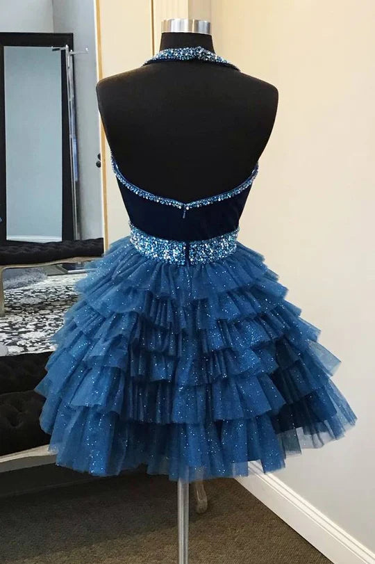 Blue Halter Multi-Layered Tulle Homecoming Dress, AST1153