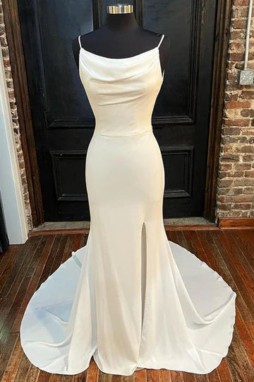 White Cowl Neck Backless Mermaid Long Wedding Dress with Slit,AST1217