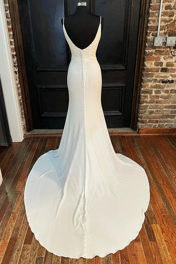 White Cowl Neck Backless Mermaid Long Wedding Dress with Slit,AST1217