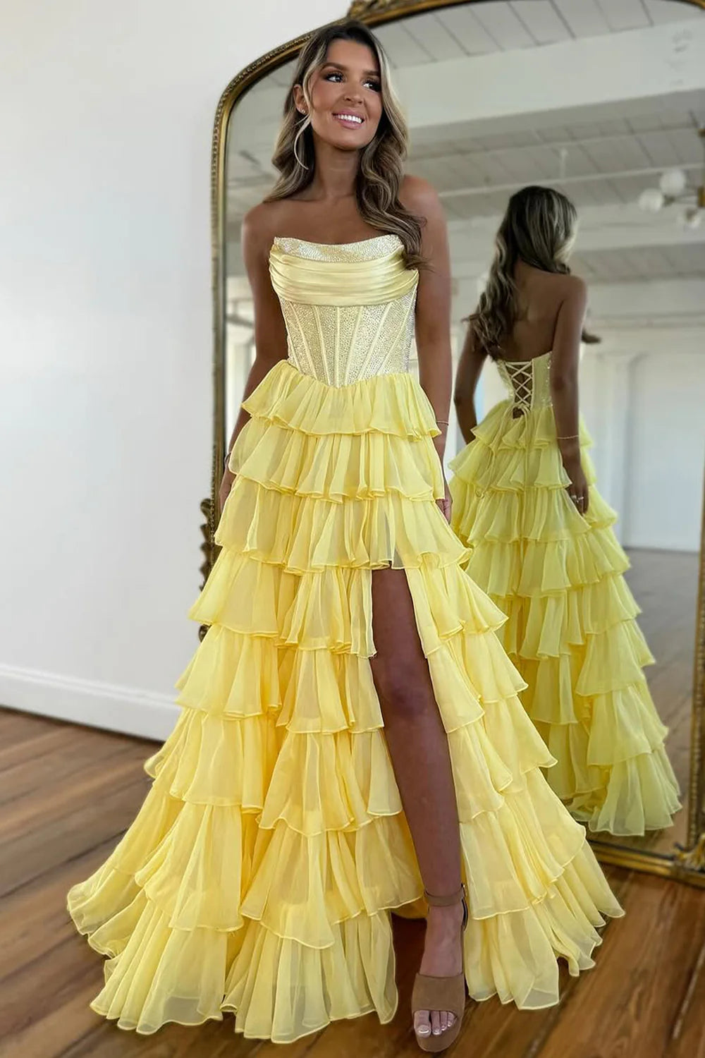 Gorgeous A Line Strapless Daffodil Tiered Chiffon Prom Evening Dresses with Hot Stone