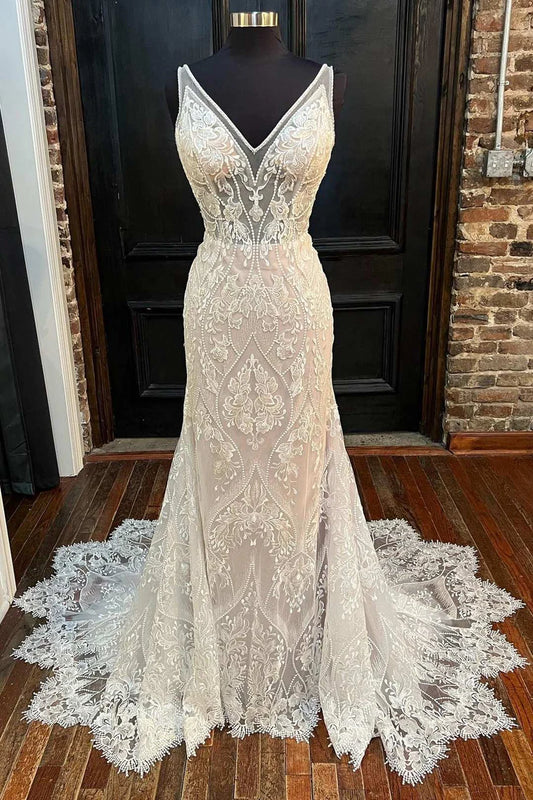 Glamorous Beige Lace V-Neck Backless Mermaid Long Wedding Dress,AST1214