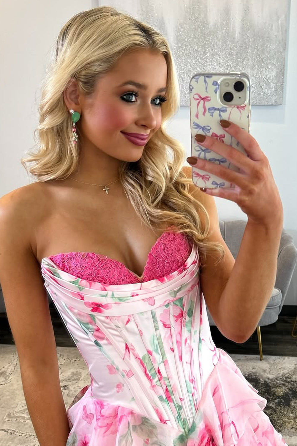 A Line Sweetheart Pink Floral Chiffon Prom Dress with Appliques