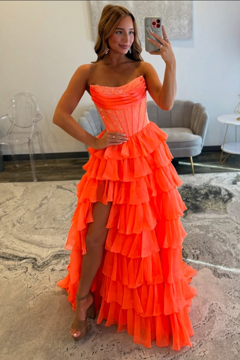 Gorgeous A Line Strapless Daffodil Tiered Chiffon Prom Evening Dresses with Hot Stone