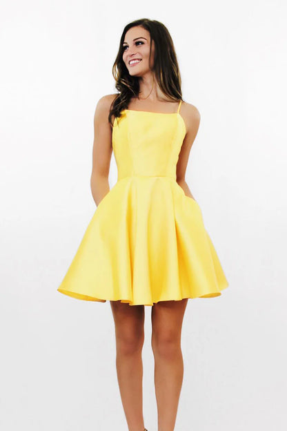 Spaghetti Straps Criss Cross Daffodil Homecoming Dress,AST1281