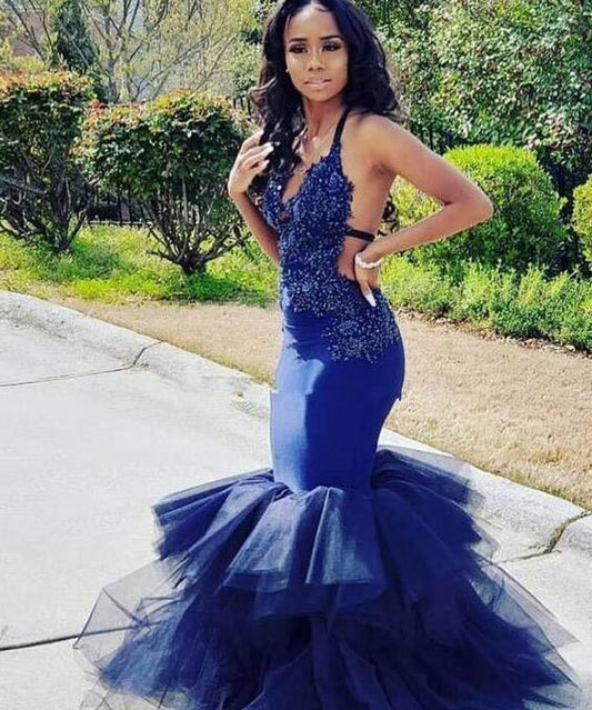 Royal Mermaid African Prom Dress Sexy Spaghetti Straps Open Appliquesed Tiered Tulle Floor Length Evening Dresses