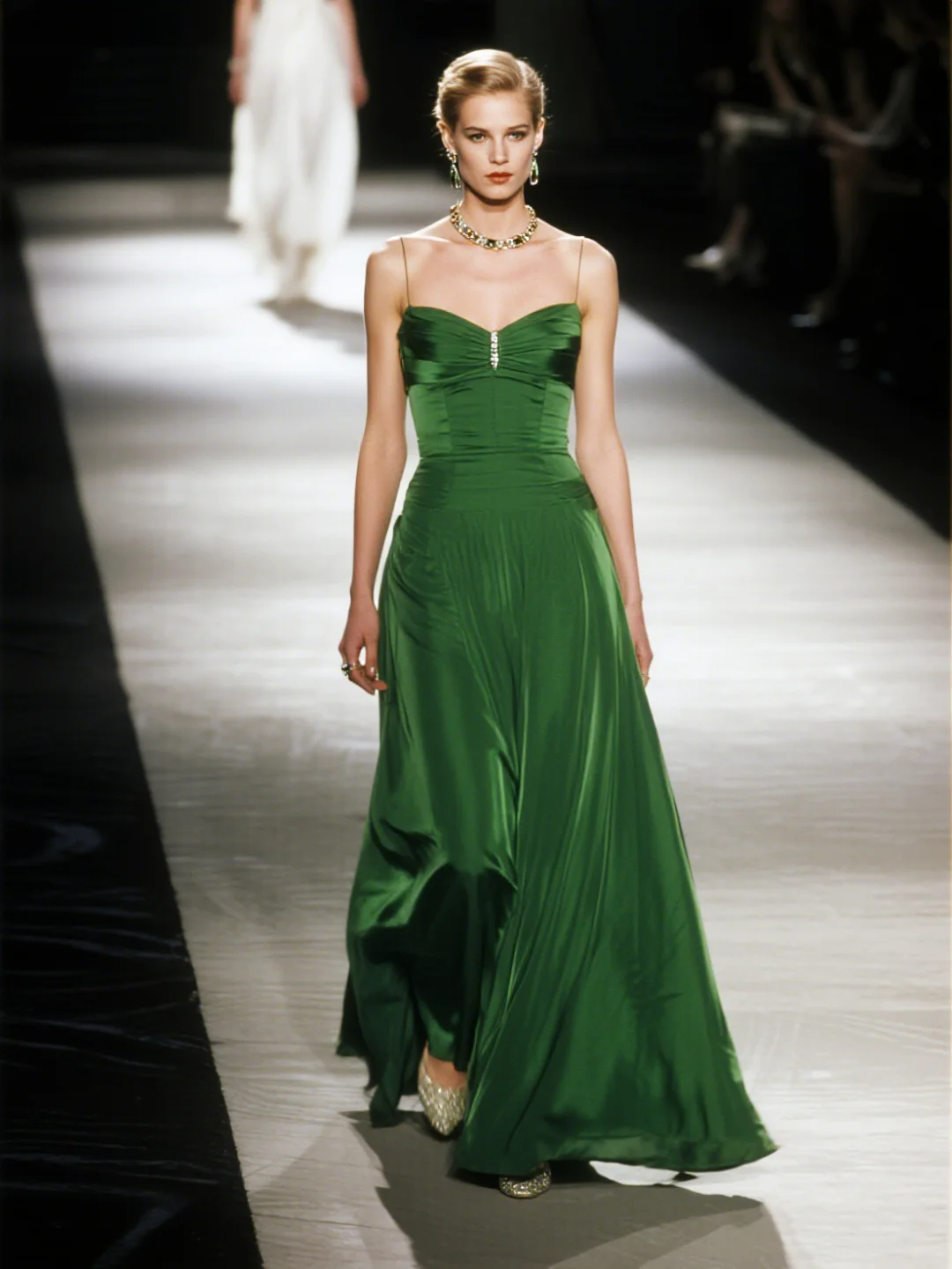 Elegant A Line Spaghetti Straps Emerald Satin Long Prom Dress Evening Dress