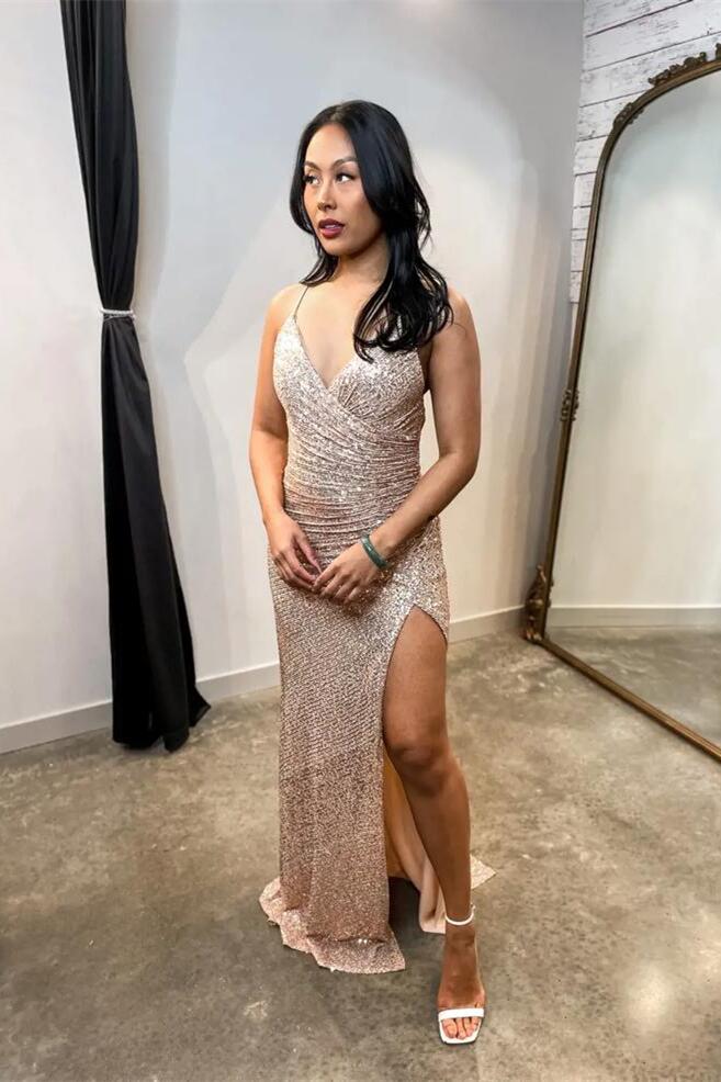 Ruched Fuchsia Sequin Faux Wrap Long Formal Dress