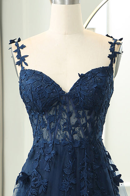 Straps Navy Blue Lace Appliques A-line Formal Dress