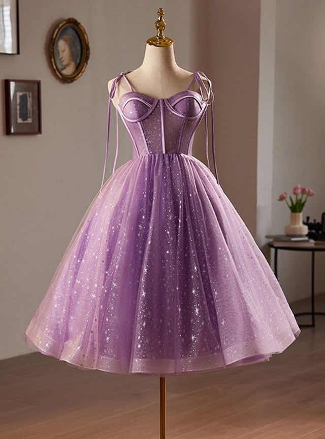 Purple Tulle Spaghetti Straps Tea Length Homecoming Dress, AST1076