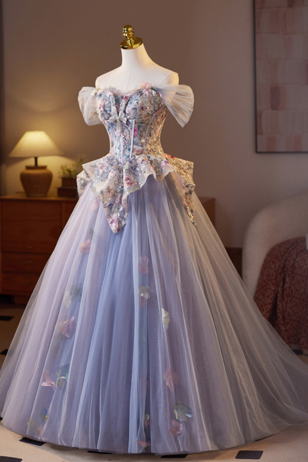 Off the ShoulderPurple Floral Embroidery A-line Prom Dress