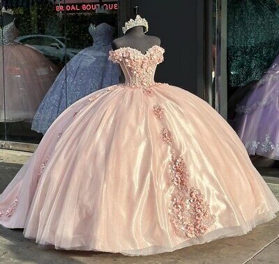 Pink Quinceanera Dresses Off Shoulder 3D Flowers Party Ball Gown For Sweet 15 16, AST1309