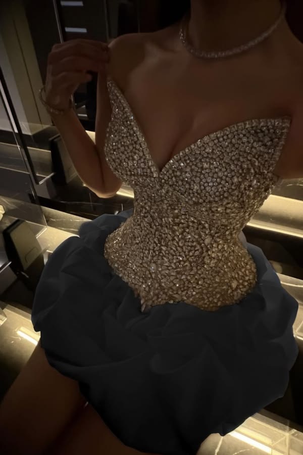 Radiant Sleeveless Rhinestone V-Neck Mini Homecoming Prom Dress With Pleated
