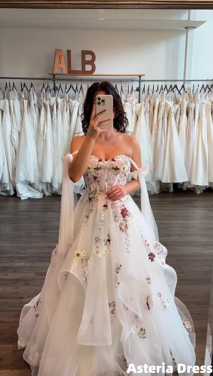 Off The Shoulder White Floral A-Line Long Prom Dress With Train
