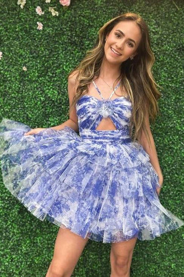 Straps Blue Floral Print A-Line Tiered Tulle Homecoming Dress, AST1113