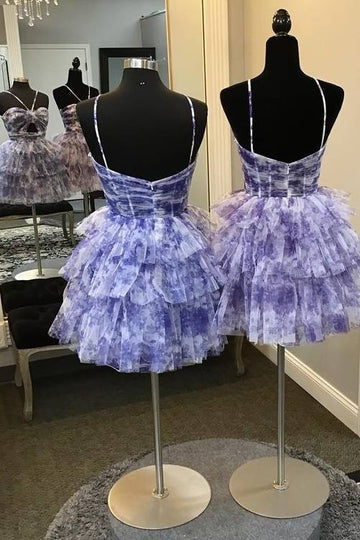 Straps Blue Floral Print A-Line Tiered Tulle Homecoming Dress, AST1177