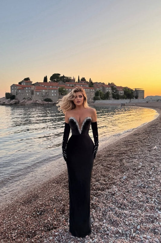 Elegant Black Strapless Sweetheart mermaid Prom Dress  with Sequins