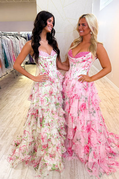 A Line Sweetheart Pink Floral Chiffon Prom Dress with Appliques – Asteria