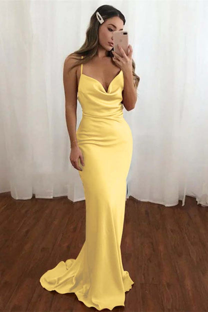 Elegant DustySpaghetti Strap V-Neck Mermaid Pleated Prom Dress