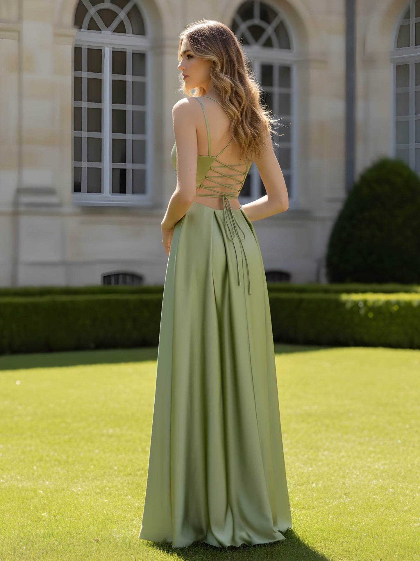 Pleated Sweetheart Neck A-Line Dress With Slit Dusty Sage