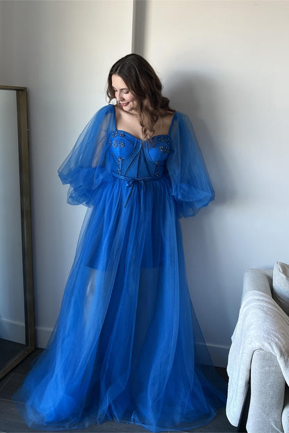 Puff Sleeves Royal Blue Tulle Long Formal Dress