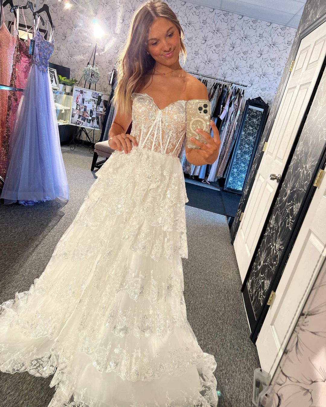 Charming A Line Off the Shoulder Pink Tulle Prom Dresses with Sequins Lace