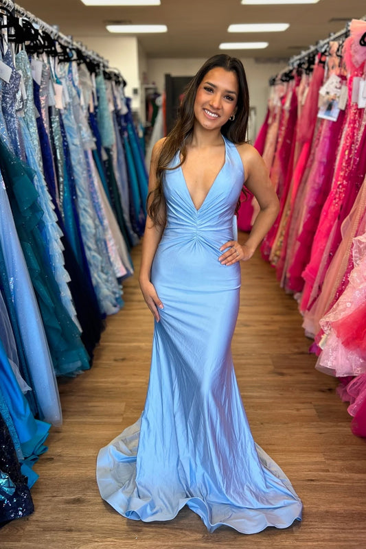 Light Blue Halter Ruched Ruffle Dress