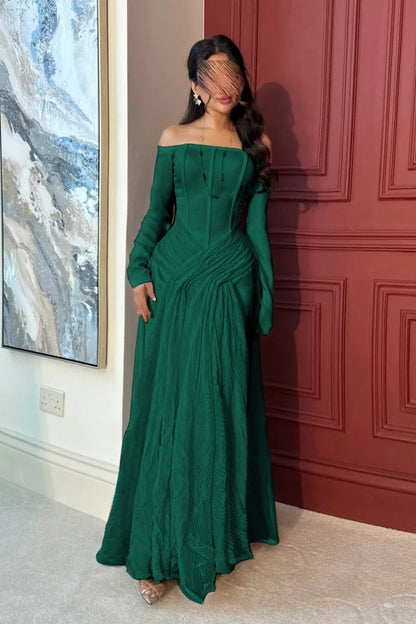 Lovely White Off-the-Shoulder Prom Dress Long Sleeves with Pleated