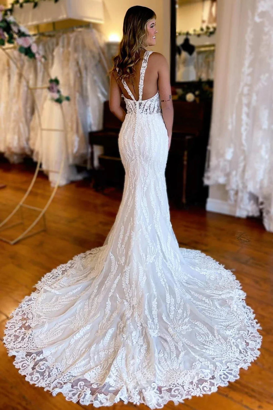 White Lace Queen Anne Mermaid Long Wedding Dress with Slit,AST1211