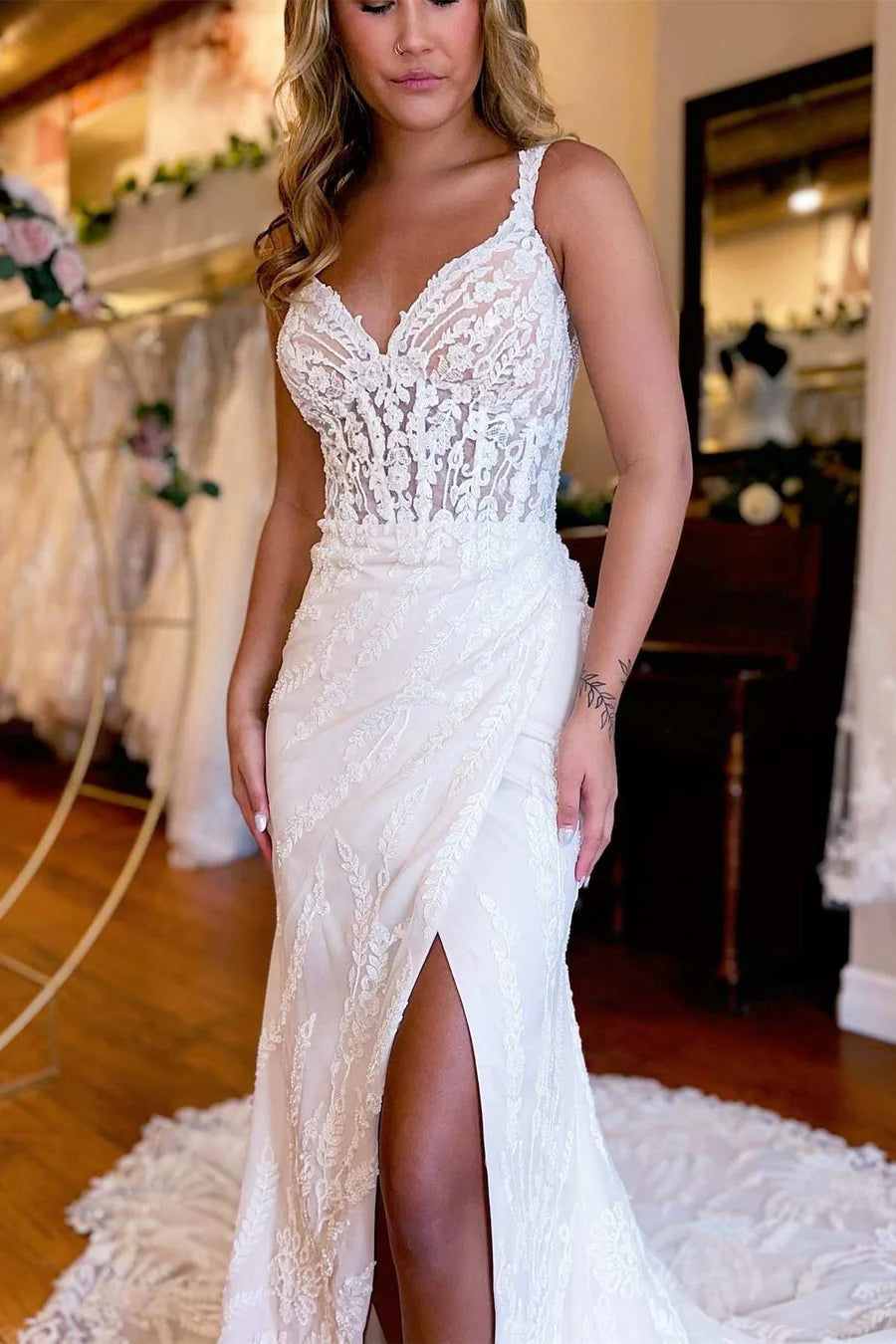 White Lace Queen Anne Mermaid Long Wedding Dress with Slit,AST1211