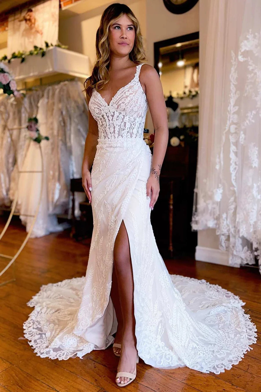 White Lace Queen Anne Mermaid Long Wedding Dress with Slit,AST1211