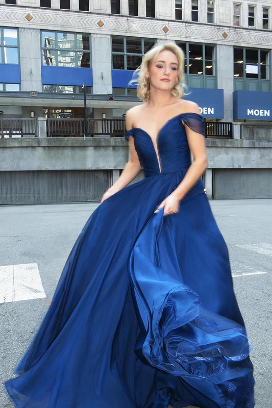 Off the Shoulder Navy Blue Chiffon A-line Long Formal Dress