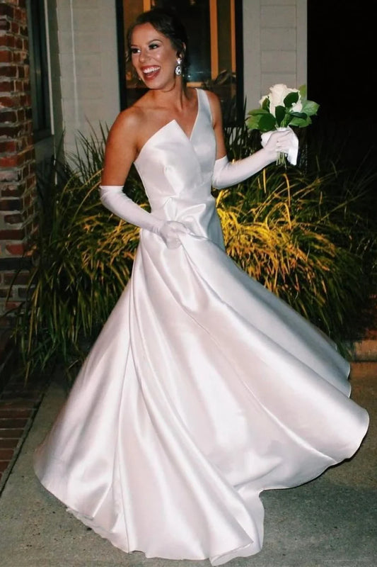 Asymmetrical White Satin A-Line Long Wedding Dress,AST1223