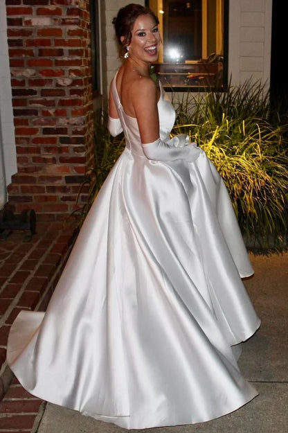 Asymmetrical White Satin A-Line Long Wedding Dress,AST1223