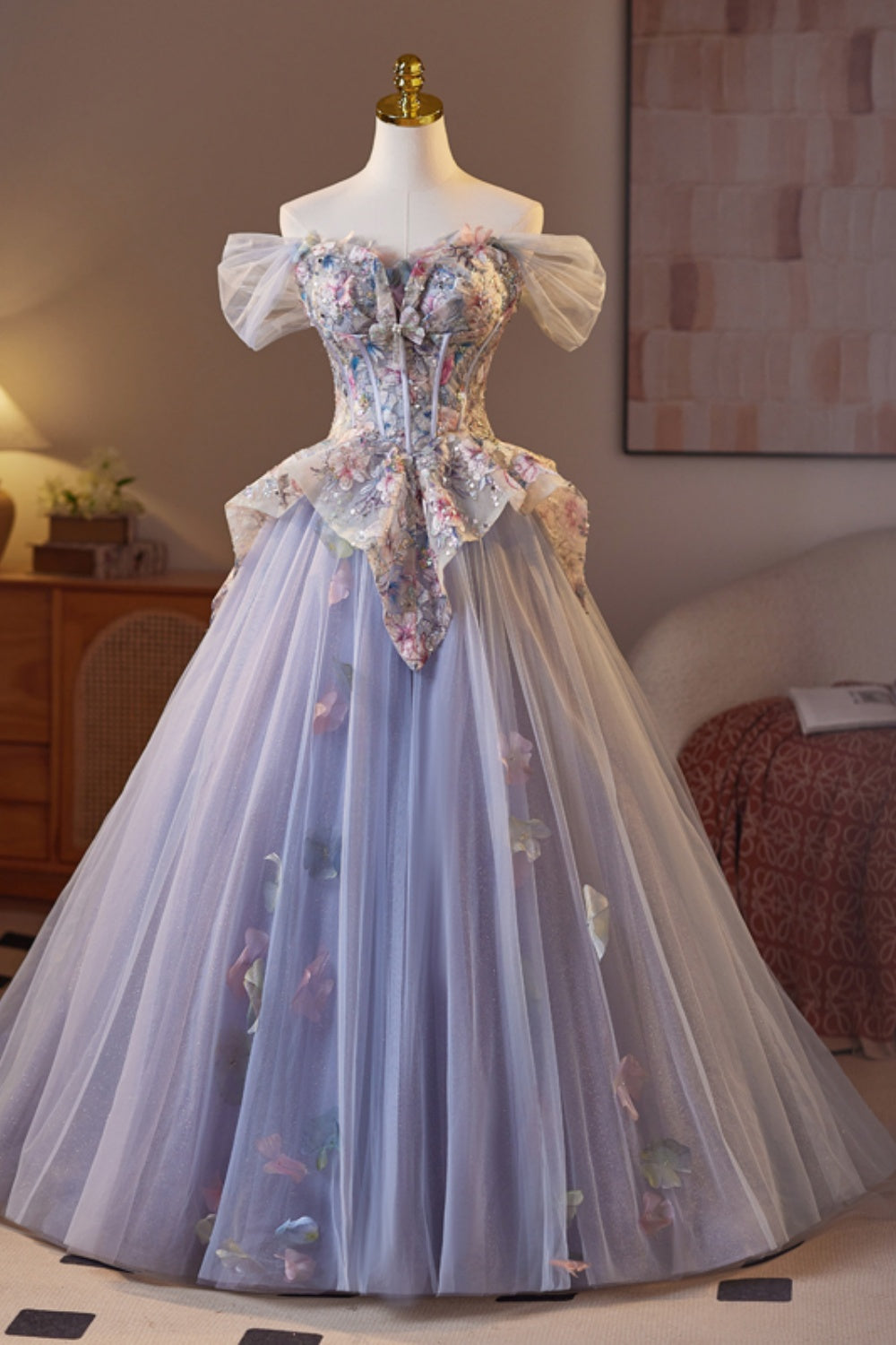 Off the ShoulderPurple Floral Embroidery A-line Prom Dress