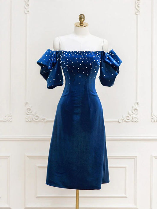 Homecoming Dresses,blue Velvet Beads Short Prom Dress, Blue Cocktail Dress